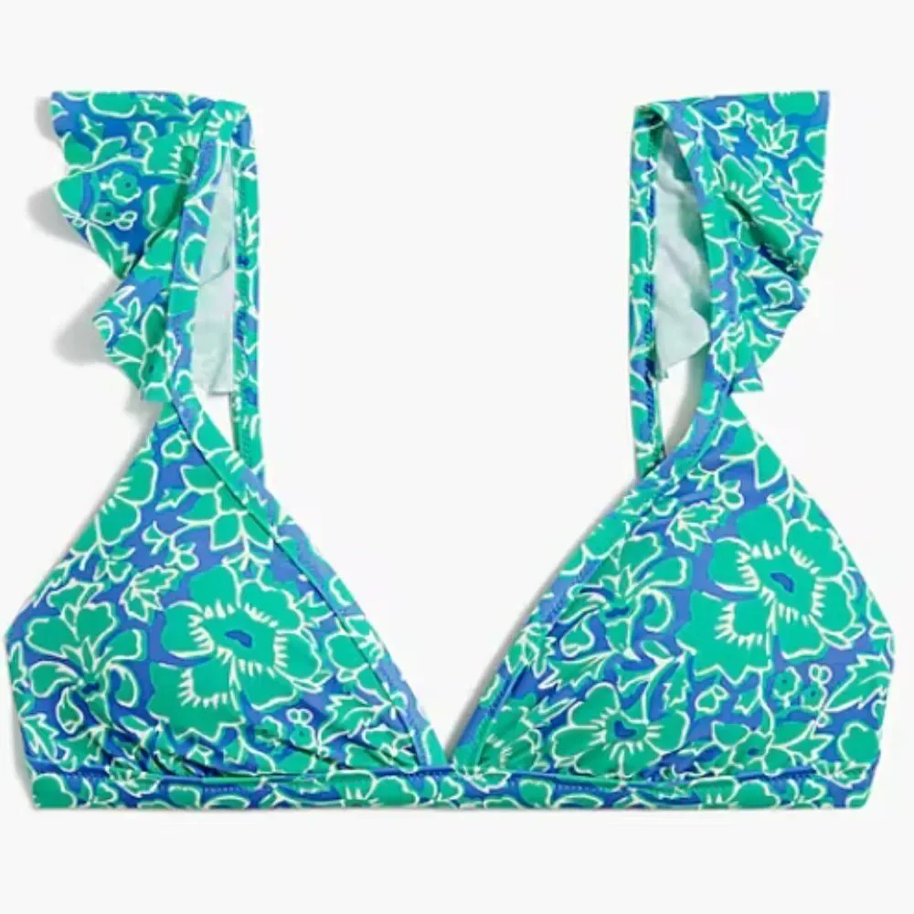 J Crew Women's Ruffle-Shoulder Vneck Bikini Top Printed Floral